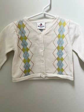 Absorba Cream Cardigan with Blue and Green Argyle